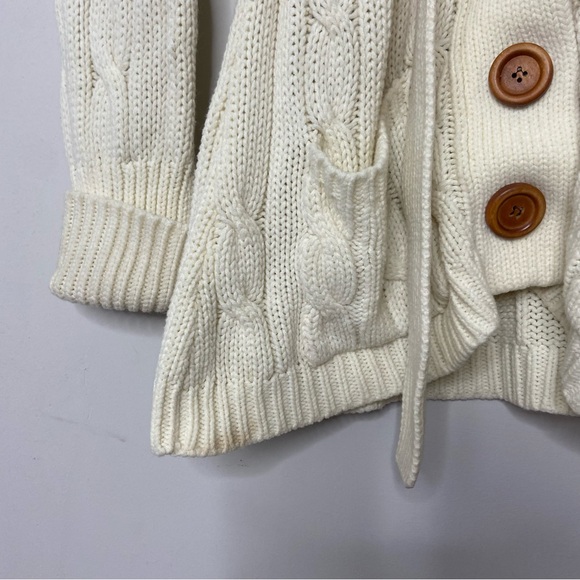Vintage 1970s Hand Loomed Long Belted Cream Cable Knit Cardigan Sweater | Small - Picture 11 of 12